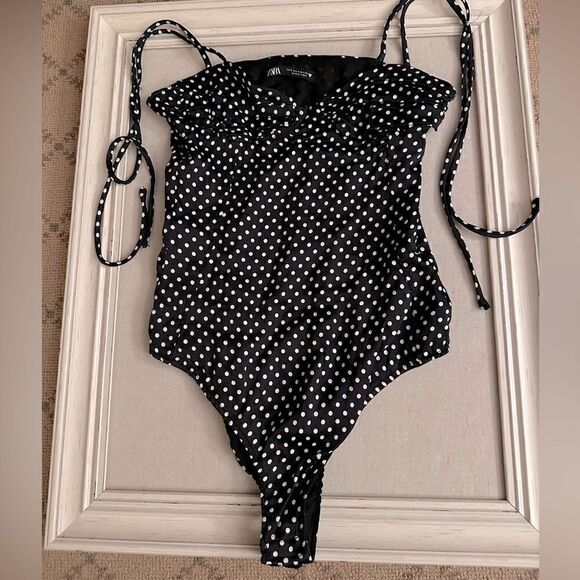 Zara black w white polka dots lycra body suit with shirred top - NWOT - small - Picture 1 of 12